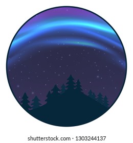 Night sky with aurora over spruce forest, blue northern light with stars, polar light glowing, polar streamers. Vector illustration