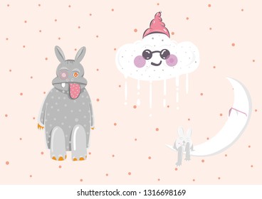 Night sky baby cloud cute animal and moon vector pattern. Cute smiling moon, stars, clouds seamless background. Baby print in soft, pastel colors. happy cartoon friends