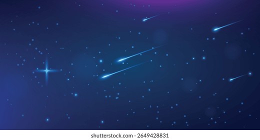 night sky background with bright stars and several shooting stars leaving blue trails.

