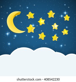 night sky background with cartoon stars and moon and cloud space for text. vector illustration