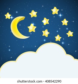 night sky background with cartoon stars and moon and cloud frame for text. vector illustration