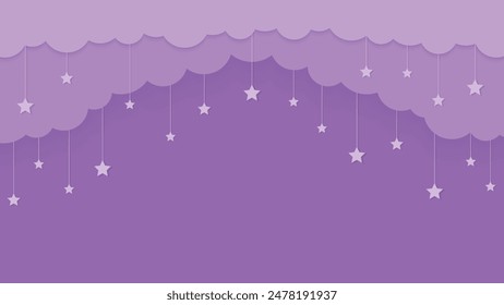 Night sky background with clouds and hanging stars. Creative graphics for celebration. Vector illustration.