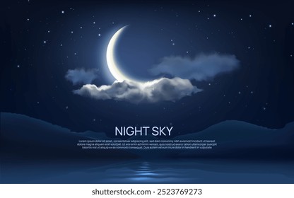 Night sky background. Clouds and moon. Star glow. Crescent on dark blue summer heaven. Evening space light. Mountain peak. Lake water. Midnight cloudscape. Vector twilight nature scene