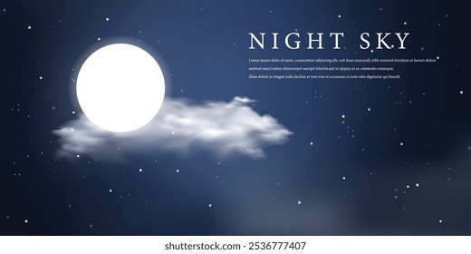 Night sky background with Clouds and moon, Star glow. Evening space light. Mountain peak. Lake water. Midnight cloudscape. Vector twilight nature scene