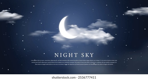 Night sky background with Clouds and moon, Star glow. Evening space light. Mountain peak. Lake water. Midnight cloudscape. Vector twilight nature scene