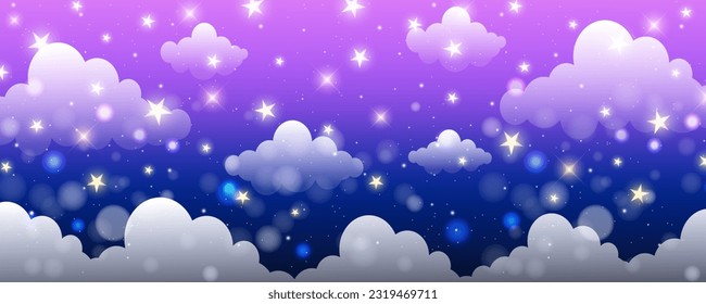 Night sky background with clouds and star. Purple dreamy space wallpaper. Cute abstract celestian universe. Cartoon magic evening gradient. Vector illustration.