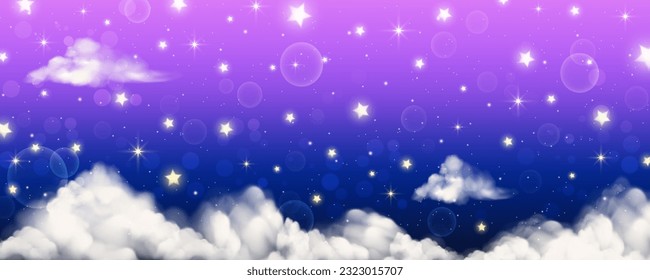 Night sky background with clouds and star. Purple dreamy space wallpaper. Cute abstract celestian universe. Cartoon magic evening gradient. Vector