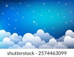 Night sky background with clouds and stars. Vector magic space illustration. Dreamy blue gradient galaxy. Cartoon cosmic fantasy universe landscape