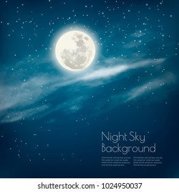 Night sky background with clouds and stars. Vector