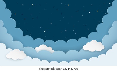 Night sky background with clouds and stars. Dark night cloudscape backdrop with copy-space. Cartoon paper art style. Vector Illustration. 