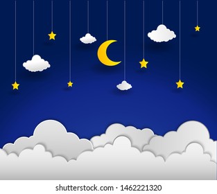 The night sky background, clouds, stars and moon. Vector