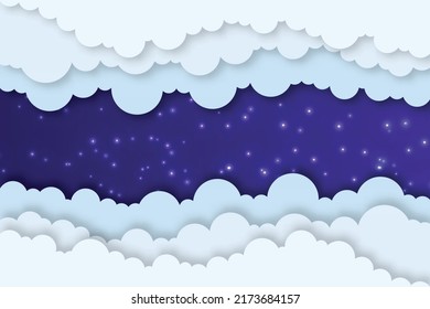 Night sky background with clouds and stars. Dark night cloudscape backdrop with copy-space. Cartoon paper art style. Vector Illustration.
