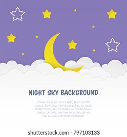 Night sky background with clouds, stars and crescent. Moon with white and yellow stars on the fantasy cloudy background. Soft colors. Paper art. Vector Illustration. 