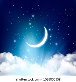 Night sky background with with crescent moon, clouds and stars. Vector