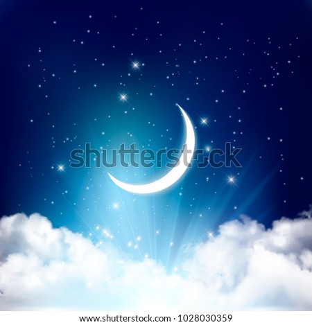 Night sky background with with crescent moon, clouds and stars. Vector