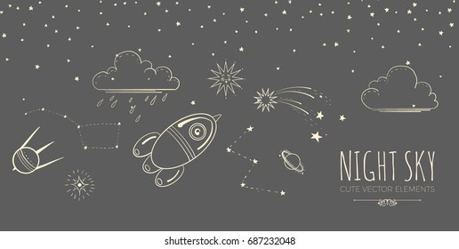 Night Sky Background with Cute Elements. Moon, Stars, Comet, Planet, Rocket. Vector illustration