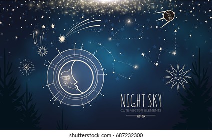 Night Sky Background with Cute Elements. Moon, Stars, Comet, Planet, Rocket. Vector illustration