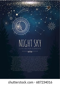 Night Sky Background with Cute Elements. Moon, Stars, Comet, Planet, Rocket. Vector illustration