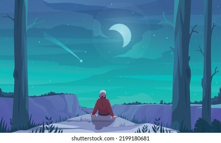 Night sky background with falling star symbols flat vector illustration