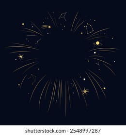 Night sky background frame isolated design element. Place for text. Stars, constellations, planets, and beams. Vector illustration