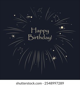 Night sky background frame isolated design element. Happy birthday text. Stars, constellations, planets, and beams. Vector illustration.