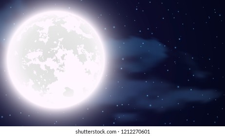 Night sky background with full moon, clouds and stars. Vector illustration