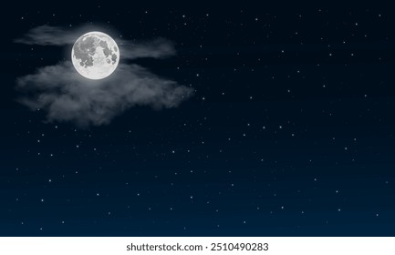 Fondo del cielo de la noche con la luna llena rodeada por nubes y estrellas suaves del cúmulo