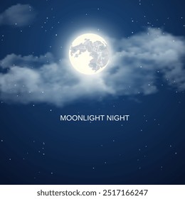 Night sky background with full moon, clouds and stars. Vector illustration.