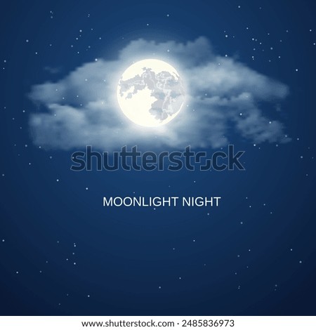 Night sky background with full moon, clouds and stars. Vector illustration.