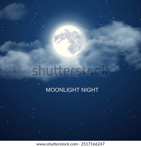 Night sky background with full moon, clouds and stars. Vector illustration.