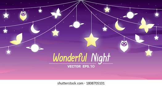 Night sky background with glowing stuff vector that hang on string.