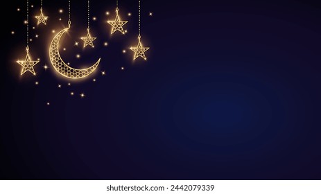 Night sky background. Golden shiny decoration. Hanging crescent and stars garland. Traditional islamic symbols, muslim holidays corner frame. Great for Ramadan or Al-Adha banners. Vector