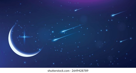 a night sky background with a gradient transition from dark blue to purple. It shows a young moon with a bright star next to it, as well as several shooting stars with blue trails.