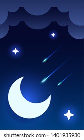 Night sky background with half moon, clouds and stars. Moonlight night. Vector illustration.