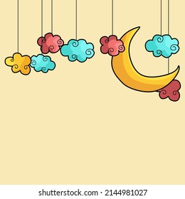 Night sky background with half moon, clouds and stars. Moonlight night. Nighttime vector element vector illustration.