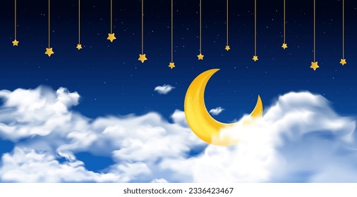 Fondo del cielo nocturno con media luna en nubes y estrellas.Ilustración vectorial