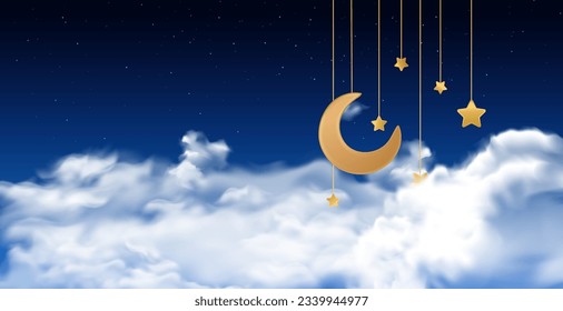 Night sky background with half moon in clouds and stars.Vector illustration