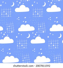 Night sky background with hand drawn clouds, moon and stars. Kids print for textile and wallpapers