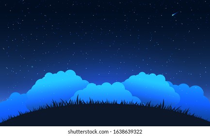 Night sky background. Hill and cloud at night sky and star. Vector illustration.