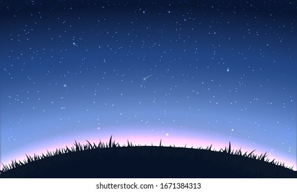 Night sky background. Hill at night sky and star. Vector illustration.