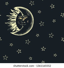 Night sky background with human moon and sun, backdrop in medieval engraving, seamless pattern