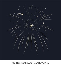 Night sky background isolated design element. Stars, constellations, planets, and beams. Vector illustration