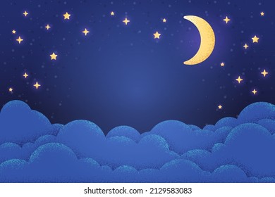Night sky background. Lunar landscape with stars and clouds. Textured scene, artistic landscape with moon. Cute dark blue swanky vector design for baby