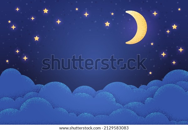 Night sky background. Lunar landscape\
with stars and clouds. Textured scene, artistic landscape with\
moon. Cute dark blue swanky vector design for\
baby