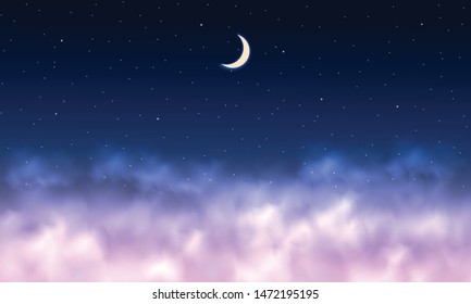 Night sky background. Moon and star, cloud on night sky. Vector 