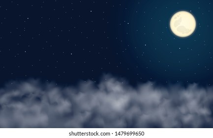 Night sky background. Moon and star, cloud on night sky. Vector illustration.