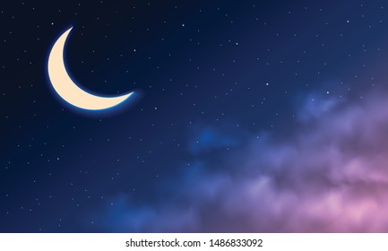 Night sky background. Moon and star, cloud on night sky. Vector illustration.