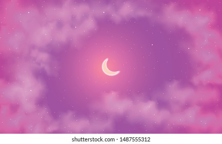 Night sky background. Moon and star, cloud on night sky. Vector illustration.