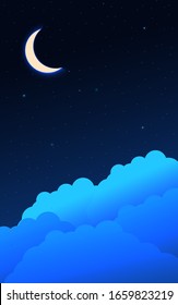 Night sky background. Moon and star, cloud on night sky. Vector illustration.