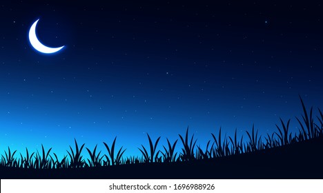 Night sky background. Moon and star, cloud on night sky. Vector illustration.
